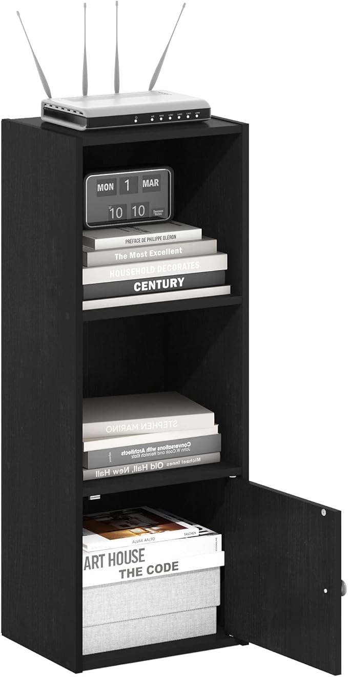 Furinno LUDER Book Shelf, 3-Tier Modern Bookshelf, Bookcase with 1 Door Storage Cabinet, 9.3 x 12 x 31.5, for Living Room, Bedroom, Home Office, Blackwood