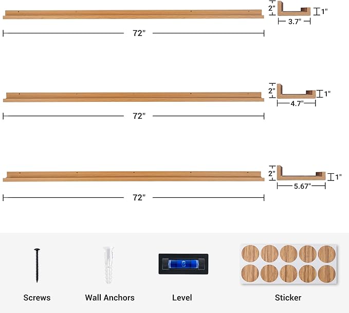 Axeman 72 Inch Floating Shelves | Oak Picture Ledge Shelf Set of 3 | Rustic Wood Wall Shelves with Lip | 72