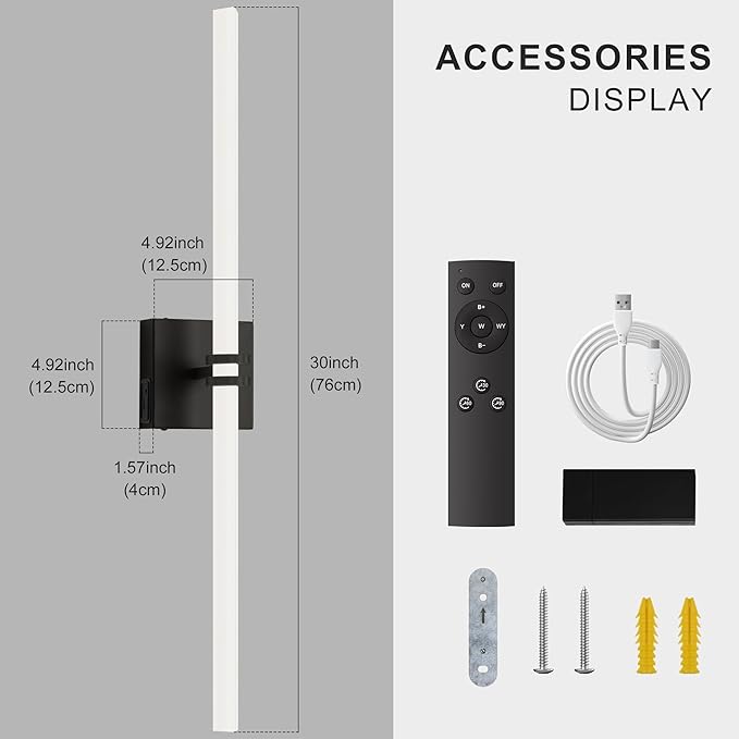 Battery Operated Wall Sconce 1Pack, Black Rechargeable Wall Lights with Dimmable Remote Control, 30 Inch 3000K-6000K LED Wireless Wall Lamps for Bedroom, Hallway, Background Wall