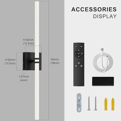 Battery Operated Wall Sconce 1Pack, Black Rechargeable Wall Lights with Dimmable Remote Control, 30 Inch 3000K-6000K LED Wireless Wall Lamps for Bedroom, Hallway, Background Wall