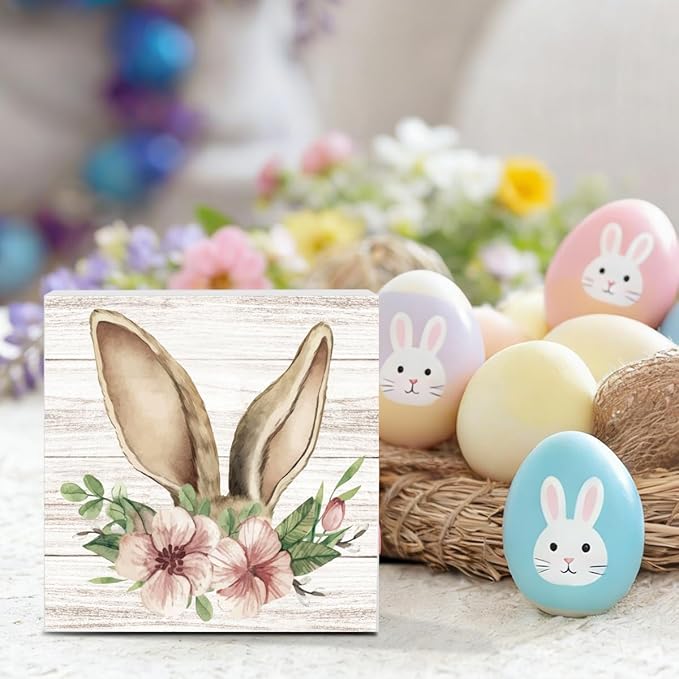 Funny Easter Sign Easter Bunny Decor Decorations Bunny Spring Flower Table Decor Indoor for Home Office Desk Table Shelf Tiered Tray Decorations 5 X 5 Inch