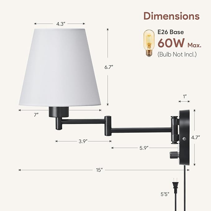 VONLUCE Modern Swing Arm Wall Mount Light Plug in, Corded Wall Lamps with White Fabric Shade, Black Metal Adjustable Wall Sconce, Wall Mount Lamp for Bedroom, Living Room, Bedside