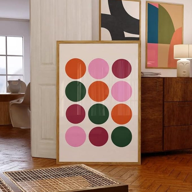 Nationcog Colorful Circles Wall Art, Mid Century Modern Geometric Print in Pink Orange Green, Minimalist Retro Poster, Bold Abstract Artwork for Living Room or Dorm Decor (Unframed) (9x11)
