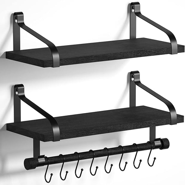 Love-KANKEI Floating Shelves for Coffee Bar,Bathroom Shelves with Towel Bar, Wall Shelves with 8 Hooks for Kitchen, Storage Shelf Set of 2 for Bedroom,Living Room，17.3 Inch Black