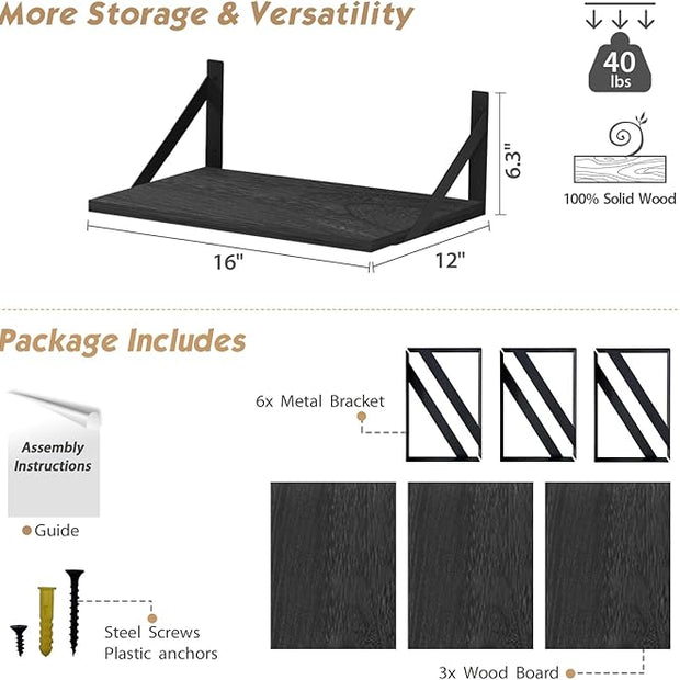 Forbena 12 Inch Deep Floating Shelves for Wall, Wide Black Wall Mounted Shelves for Bedroom Office Books Plants, Large Hanging Shelf for Living Room Bathroom Kitchen Closet Pantry Storage (3-Pack)