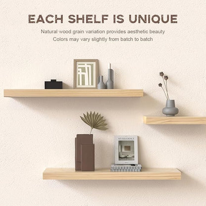 Habudda Floating Shelves for Wall, Bathroom Bedroom Kitchen Book Shelf, Rustic Wooden Home Decor Plant Display, Varnished Natural Solid Wood, Mounted Invisible Bracket, 30" Set of 2