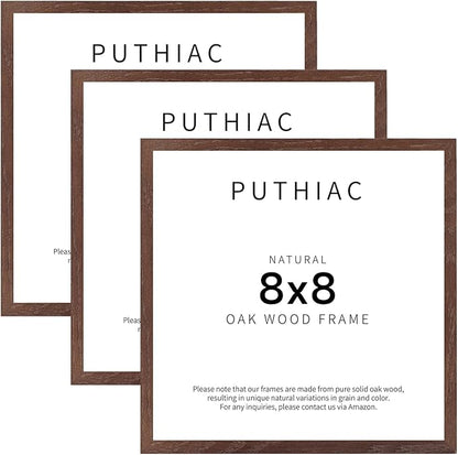 puthiac 8x8 Solid Oak Wood Picture Frame, Fits 4x4 with Mat or 8x8 Without Mat, Wall or Tabletop Display with Stand, Plexi Front, 3 Pack, Walnut
