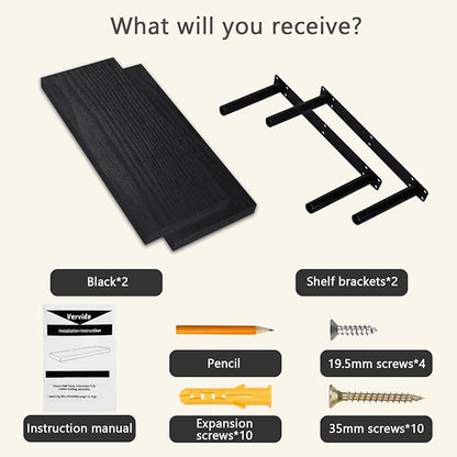 Vervida® Black Floating Shelves for Wall, Rustic Wood Wall Mounted Shelves with Invisible Brackets for Decor & Storage, Floating Shelf for Living Room, Bathroom (Set of 2)