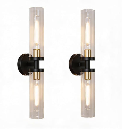 Black and Gold Wall Sconces Set of 2, Hardwired Bathroom Light Fixtures, Modern Bathroom Vanity Wall Lighting with Clear Glass Shade, Farmhouse Wall Sconce for Mirror Bedroom Hallway, E26 Base
