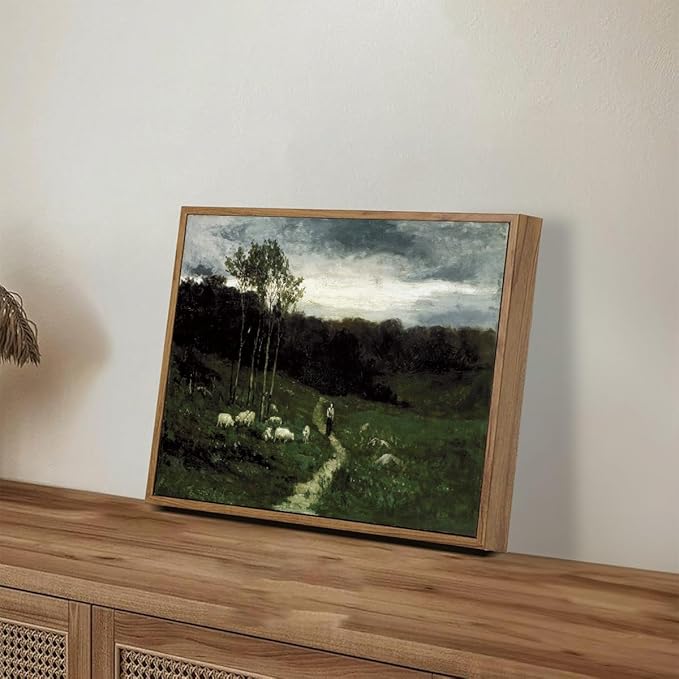 OIQArtOIQ Framed Vintage Landscape Wall Art Shepherd Natural Scenery Oil Painting Canvas Prints Country Farmhouse Aesthetic Decor Pictures for Kitchen Bedroom Living Room Bathroom