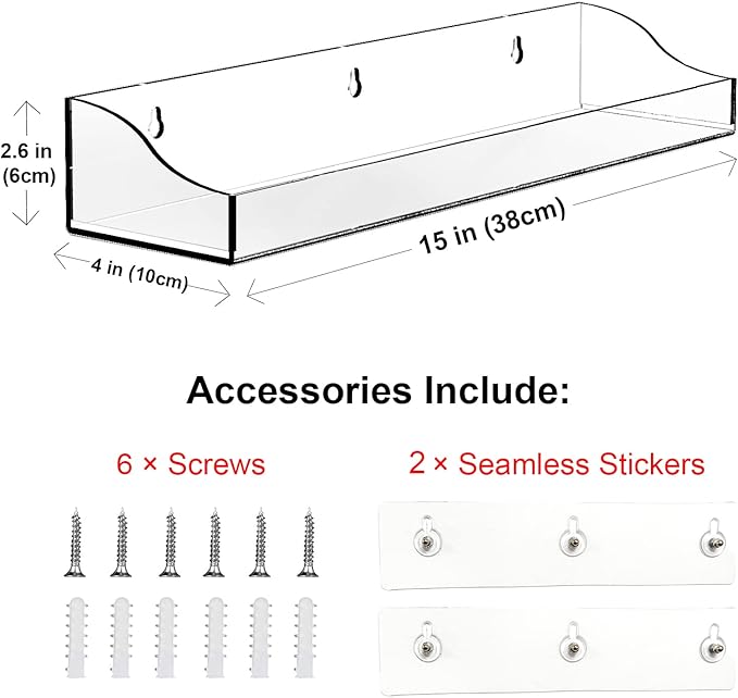 Acrylic Shower Shelves, 2 Pack Self Adhesive Bathroom Clear Floating Shelf Wall Mounted Thick Storage and Decor Rv Accessories Display No Drilling Organization Home Apartment Essentials