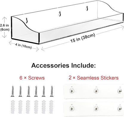 Acrylic Shower Shelves, 2 Pack Self Adhesive Bathroom Clear Floating Shelf Wall Mounted Thick Storage and Decor Rv Accessories Display No Drilling Organization Home Apartment Essentials