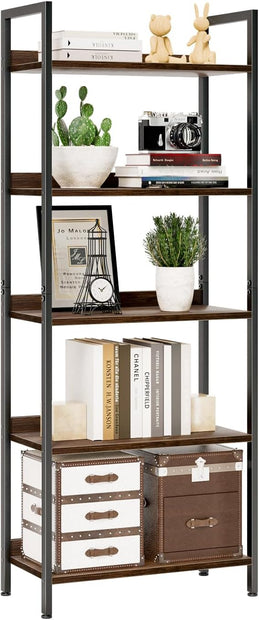 NUMENN Bookshelf, 5 Tier Bookshelves, Home Office Bookcase Shelf Storage Organizer, Free Standing Storage Shelving Unit for Bedroom, Living Room and Home Office, Dark Walnut