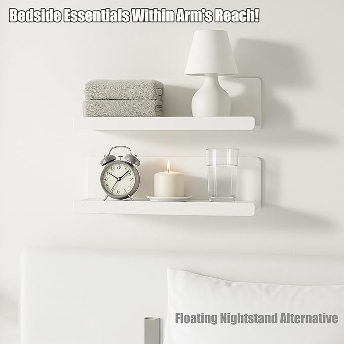 ZILAMGOO White Floating Shelves for Wall, 12 Inch Adhesive Wall Mounted Acrylic Shelves, No Drill Stick On Shelves for Bathroom, Bedroom, Kitchen, Living Room, Office (Set of 2, White)