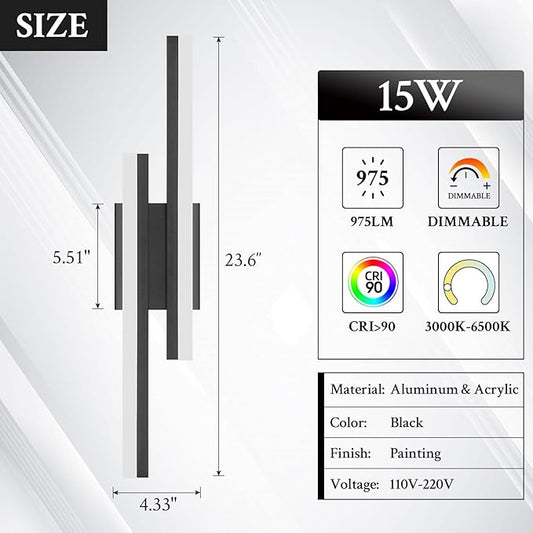 LED Wall Sconce Set of 2 Black Remote Modern LED Vanity Lights Set of 2 Indoor Wall Light Fixtures for Living Room, Dimmable Wall Sconce for Bedside Bedroom Bathroom, 23.6inch 2 Pack