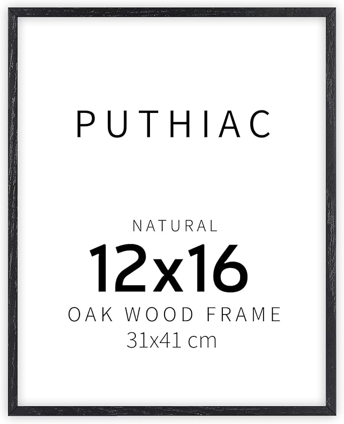 puthiac 12x16 Solid Oak Wood Picture Frame, Fits 8x12 with Mat or 12x16 Without Mat, Wall Display Only, Vertical or Horizontal, Plexi Front, 1 Pack, Black