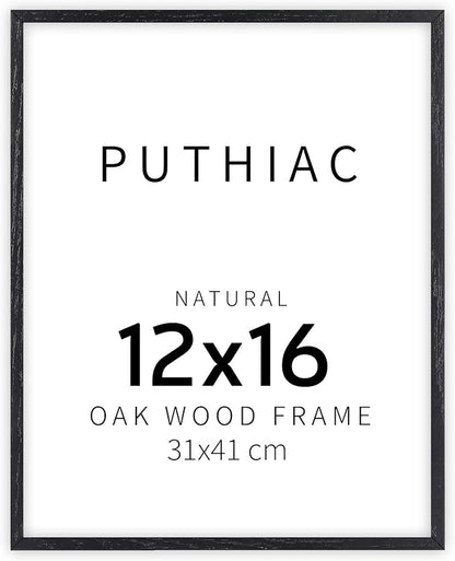 puthiac 12x16 Solid Oak Wood Picture Frame, Fits 8x12 with Mat or 12x16 Without Mat, Wall Display Only, Vertical or Horizontal, Plexi Front, 1 Pack, Black