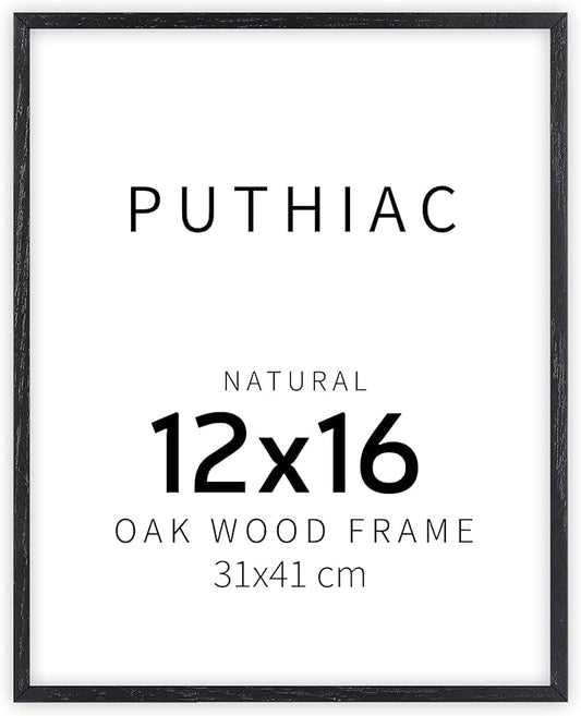 puthiac 12x16 Solid Oak Wood Picture Frame, Fits 8x12 with Mat or 12x16 Without Mat, Wall Display Only, Vertical or Horizontal, Plexi Front, 1 Pack, Black