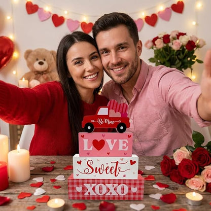 Valentine’s Day Decorations, 4 Pcs Wooden Valentine’s Day Table Decorations, Red Truck Tiered Tray Decor, Wooden Table Sign for Desk Shelf Mantel Centerpiece, Indoor Home Decor