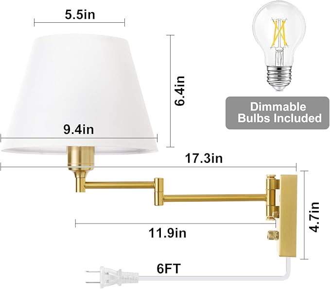 TRLIFE Wall Sconce Plug in, Brushed Brass Dimmable Wall Sconces Set of 2 Swing Arm Wall Lights with Plug in Cord and Dimmer On/Off Knob Switch, 9.4