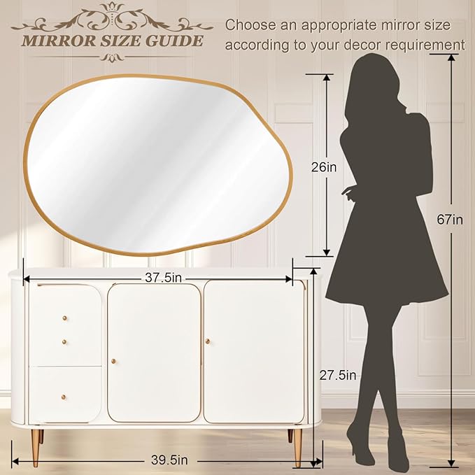 Gold Irregular Metal Framed Bathroom Mirror for Wall, Large 26