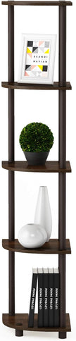 Furinno TURN-N-TUBE Corner Shelf, 5-Tier Corner Bookshelf, Open Storage Shelves, for Organization and Storage, Living Room, Home Office, Garage, Bedroom, Walnut