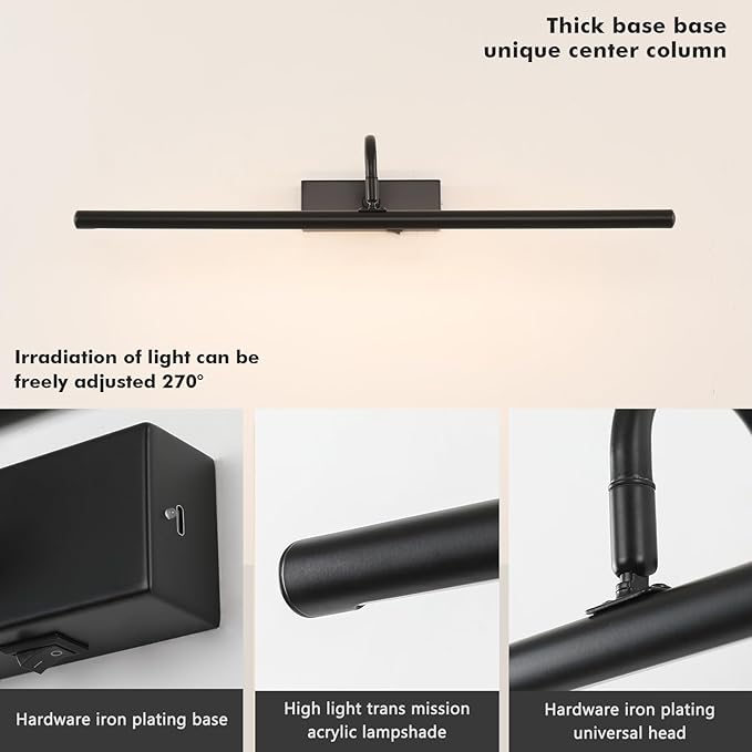 Black Picture Light, 24inch Wireless Picture Lights for Wall Rechargeable, 10000mAh Battery Wall Light with Remote, 3 Color Art Lighting for Paintings with Timer and Dimmable for Display, Gallery