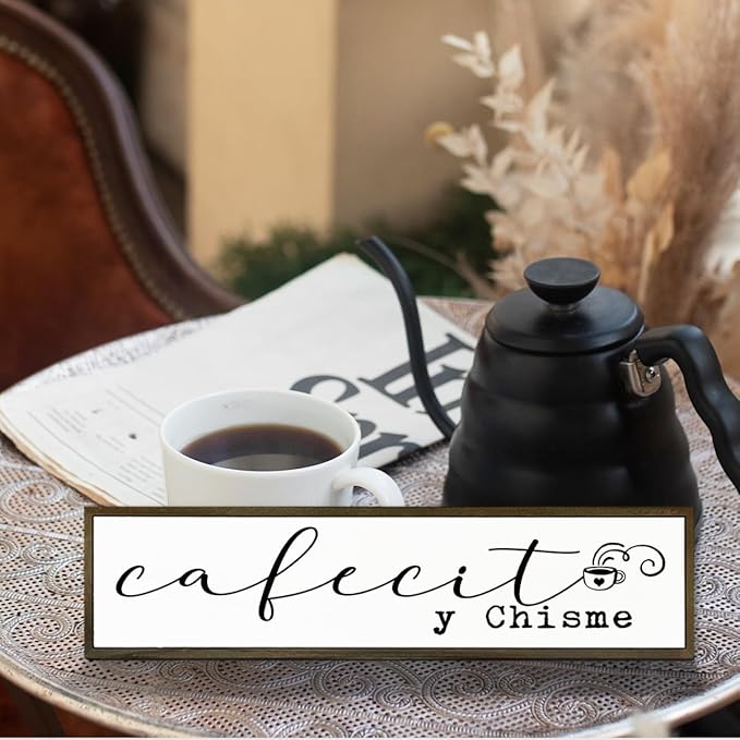 Funny Coffee Wood Sign, Coffees Bar Decoration, Rustic Coffee Station Decor, Home Kitchen Decors for Shelf, Friend Gift for Coffees Lover, Cafecito y Chisme Sign, 17.8x4x1.2 inches