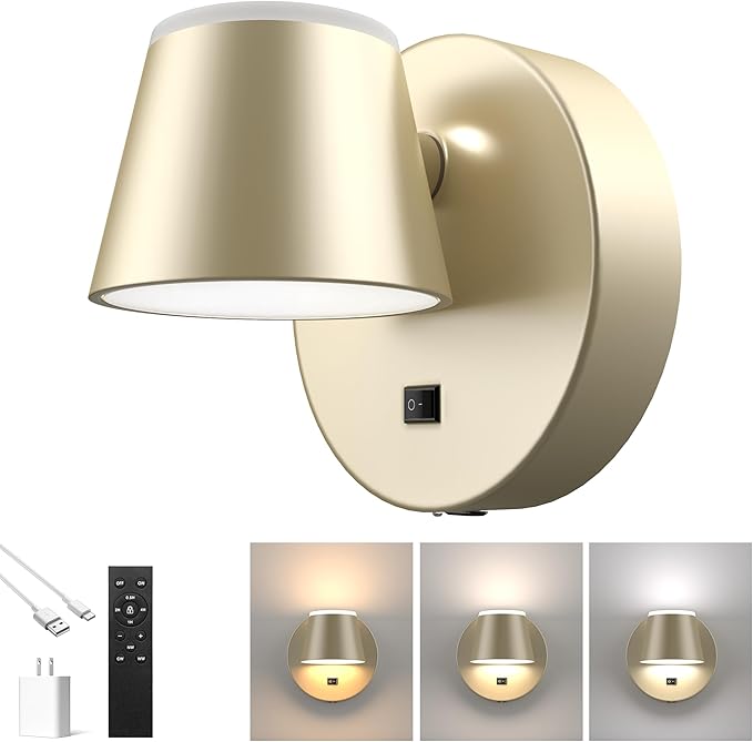 URSOLA Battery Operated Wall Sconce with Remote, LED Rechargeable Battery Wall Light with 9000mAh 3CCT and Dimmable Magnetic 360° Rotation Cordless Light for Bedroom（Champaign）