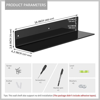 16 Inches Black Acrylic Wall Shelves 2 Pack, L Shape Floating Shelf, Acrylic Corner Shelf for Model Car, Candle, Calendar, Towel, Toiletries, Moisture-Proof, 4'' Depth
