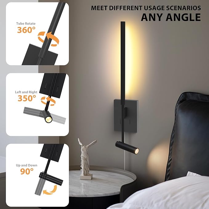 ZEROUNO Modern Plug in Wall Sconce Indoor Wall Light, Minimalist LED Line Wall Lamp with Switch, Adjustable Matte Black Wall lamp for Living Room Bedroom Hallway Reading etc