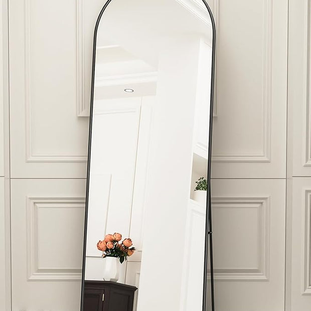 Antok 65" x22” Arched Full Length Floor Mirror, Black Aluminum Frame, Free Standing/Wall Mount/Leaning for Bedroom, Living Room, Dressing Room