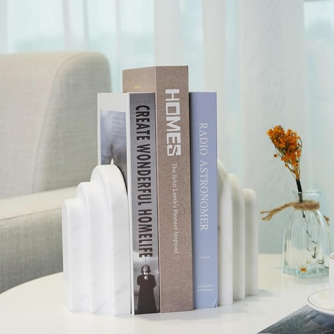 Natural Marble Book Ends - Heavy Duty Bookends for Shelves - Aesthetic Layered Arch Design Stone Book Holders, Decorative Modern Office Bookshelf Stopper Decor for Books/CDs, White