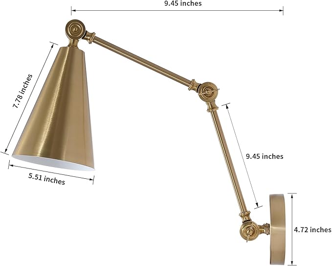 MWZ Gold Battery Operated Swing Arm Wall Sconces Set of 2,Wireless Rechargeable Dimmable 3 Color Wall Light with Remote,Cone Indoor Light Fixture for Bedside,Kitchen,Hallway,Living Room,Reading