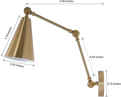 MWZ Gold Battery Operated Swing Arm Wall Sconces Set of 2,Wireless Rechargeable Dimmable 3 Color Wall Light with Remote,Cone Indoor Light Fixture for Bedside,Kitchen,Hallway,Living Room,Reading