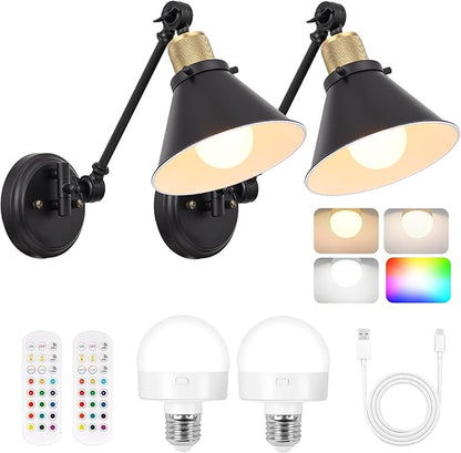TRLIFE Rechargeable Battery Operated Wall Sconce, Dimmable and Adjustable Color Temperature Wireless Wall Sconces Set of 2 with Remote Control, Swing Arm Wall Mounted Light for Bedroom Bedside Hallway