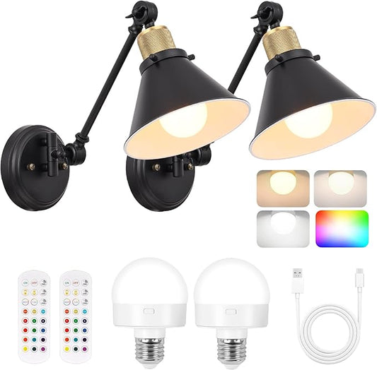 TRLIFE Rechargeable Battery Operated Wall Sconce, Dimmable and Adjustable Color Temperature Wireless Wall Sconces Set of 2 with Remote Control, Swing Arm Wall Mounted Light for Bedroom Bedside Hallway