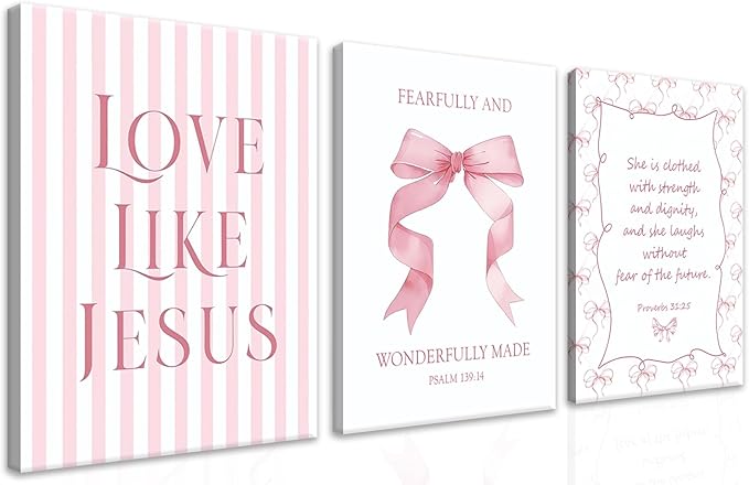 Coquette Pink Bow Wall Art Set of 3, Light Pink Bow Dorm Room Wall Decor Paintings, Inspirational Scripture Verses Canvas Posters Prints Pictures for Girls Dorm Room Bedroom Bathroom 12x16 Inch Framed