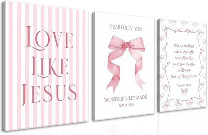 Coquette Pink Bow Wall Art Set of 3, Light Pink Bow Dorm Room Wall Decor Paintings, Inspirational Scripture Verses Canvas Posters Prints Pictures for Girls Dorm Room Bedroom Bathroom 12x16 Inch Framed