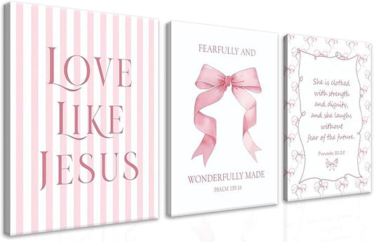 Coquette Pink Bow Wall Art Set of 3, Light Pink Bow Dorm Room Wall Decor Paintings, Inspirational Scripture Verses Canvas Posters Prints Pictures for Girls Dorm Room Bedroom Bathroom 12x16 Inch Framed