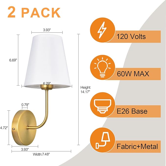 Antique Brass Hardwired Wall Sconce Set of 2 - Gold Finish with White Fabric Shades，Bedroom Lighting, Living Room, Farmhouse, Fireplace, Hallway, Bedside Lamp,Bathroom Wall Lights
