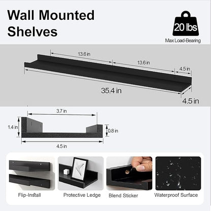 Long Floating Shelves for Wall Decor, Long Wall Mounted Storage Shelf for Bedroom, Living Room, Bathroom, Kitchen, Nursery, Display Picture Ledge Shelf with Lip Set of 2-36 Inches, Black