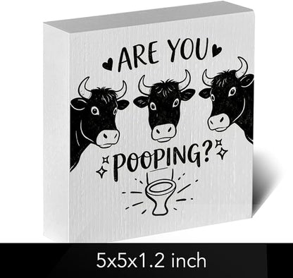 Funny Rustic Bathroom Wooden Box Sign 5x5 Inch - "ARE YOU POOPING" Humorous Restroom Quote Decor, Farmhouse Style Shelf Desk Table Decoration for Home Bathroom