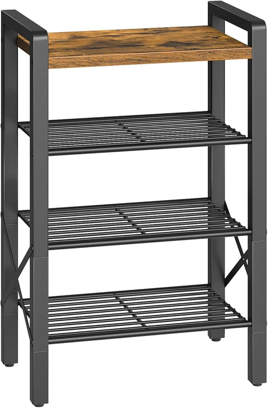 4-Tier Narrow Shoe Rack, Tall Shoe Rack for 4-8 Pairs, Slim Shoe Storage Organizer with Wooden Top, Space Saving, Metal Frame, for Entryway, Rustic Brown and Black SS64BR