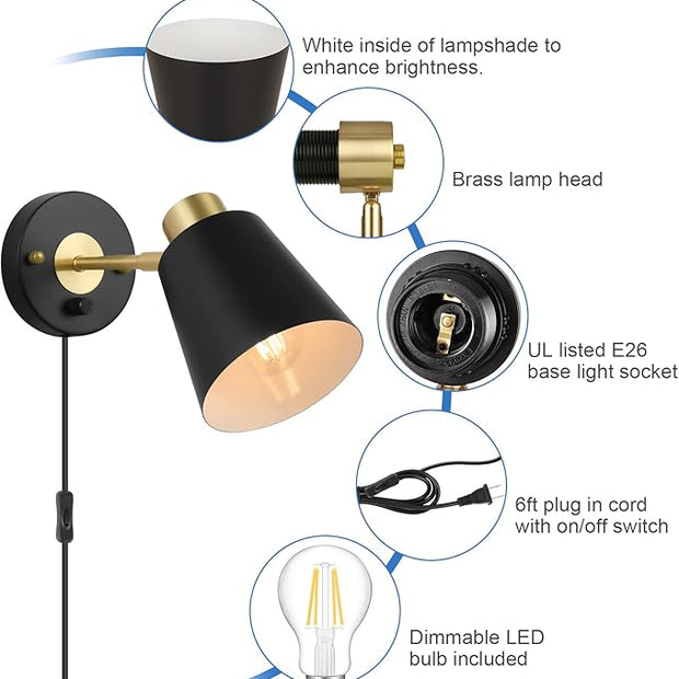 Plug in Wall Sconce, Dimmable Wall Sconce Adjustable Wall Lights with Plug in Cord and Dimmer On/Off Rotary Switch, Wall Mounted Light for Bedside Bedroom Doorway(One Bulb Included)