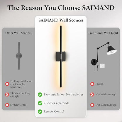 Wall Sconces Set of 2 Battery Operated, Wireless USB 8000mAh Rechargeable Wall Lights with Remote Control,3000K-6000K LED Dimmable Decor Lamp for Living Room,Bedroom,Hallway (27in Black)