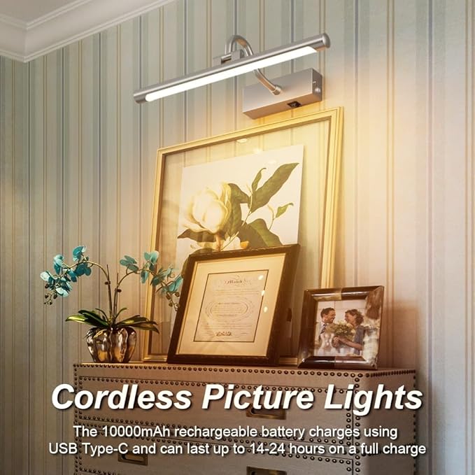 Aipsun 15.7" Nickel Picture Lights for Wall Rechargeable,10000mAh LED Battery Operated Art Light for Paintings,3CCT Dimmable, Rotatable Gallery Light for Pictures Display(Brushed Nickel)