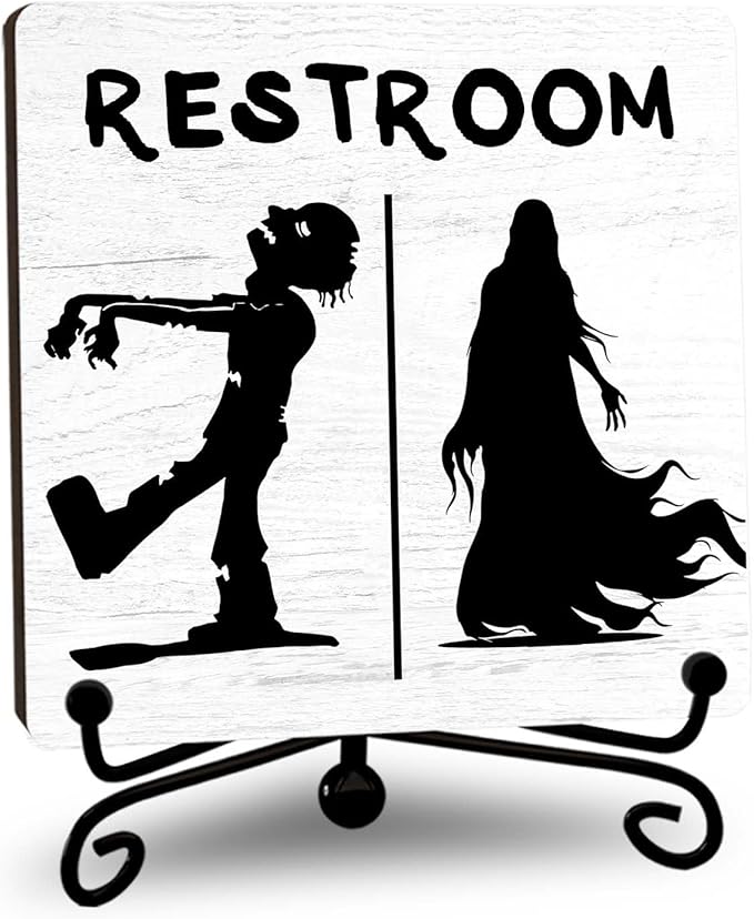 Halloween Bathroom Decor, Zombie Wooden Sign for Home Restroom Desk Shelf, Spooky Table Centerpieces for Washroom Accessories - A12