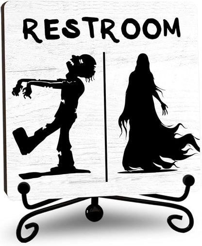 Halloween Bathroom Decor, Zombie Wooden Sign for Home Restroom Desk Shelf, Spooky Table Centerpieces for Washroom Accessories - A12
