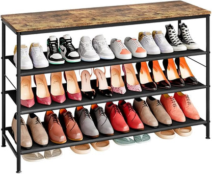 Shoe Rack Organizer 5 Tier Metal Organizer Shelf with Industrial MDF Board and Layer Fabric for Entryway Closet Bedroom Living Room Garage (Black+Rustic Brown, 4 Tier(47.2" W))